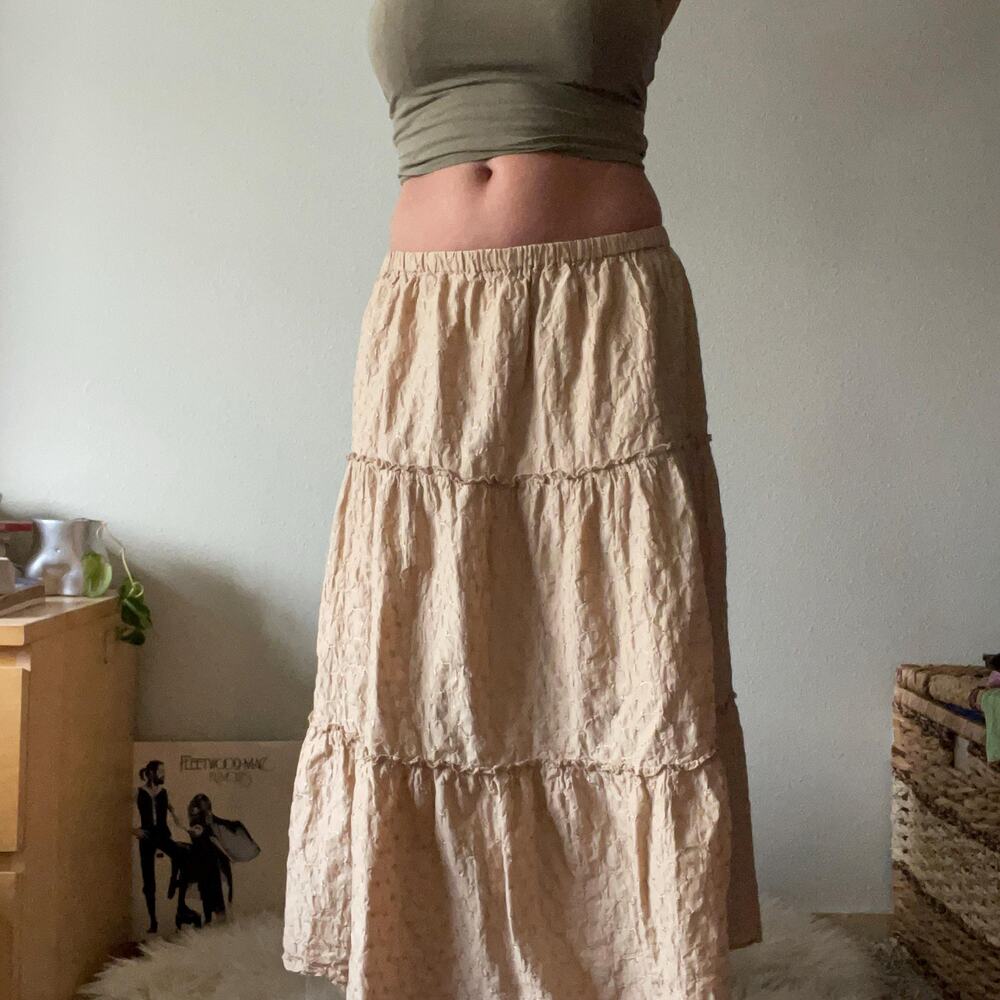 90s Vintage Cotton Tan Beige Tiered Embroidered Maxi Skirt boho fairy cottage